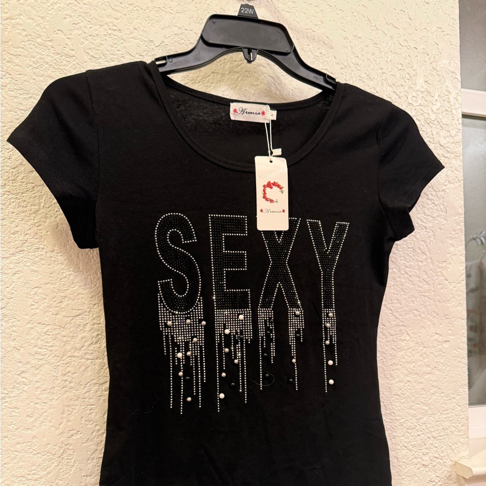 Concert& Festival Ready Black Rhinestone Embellished Tee by Aronia S-Large